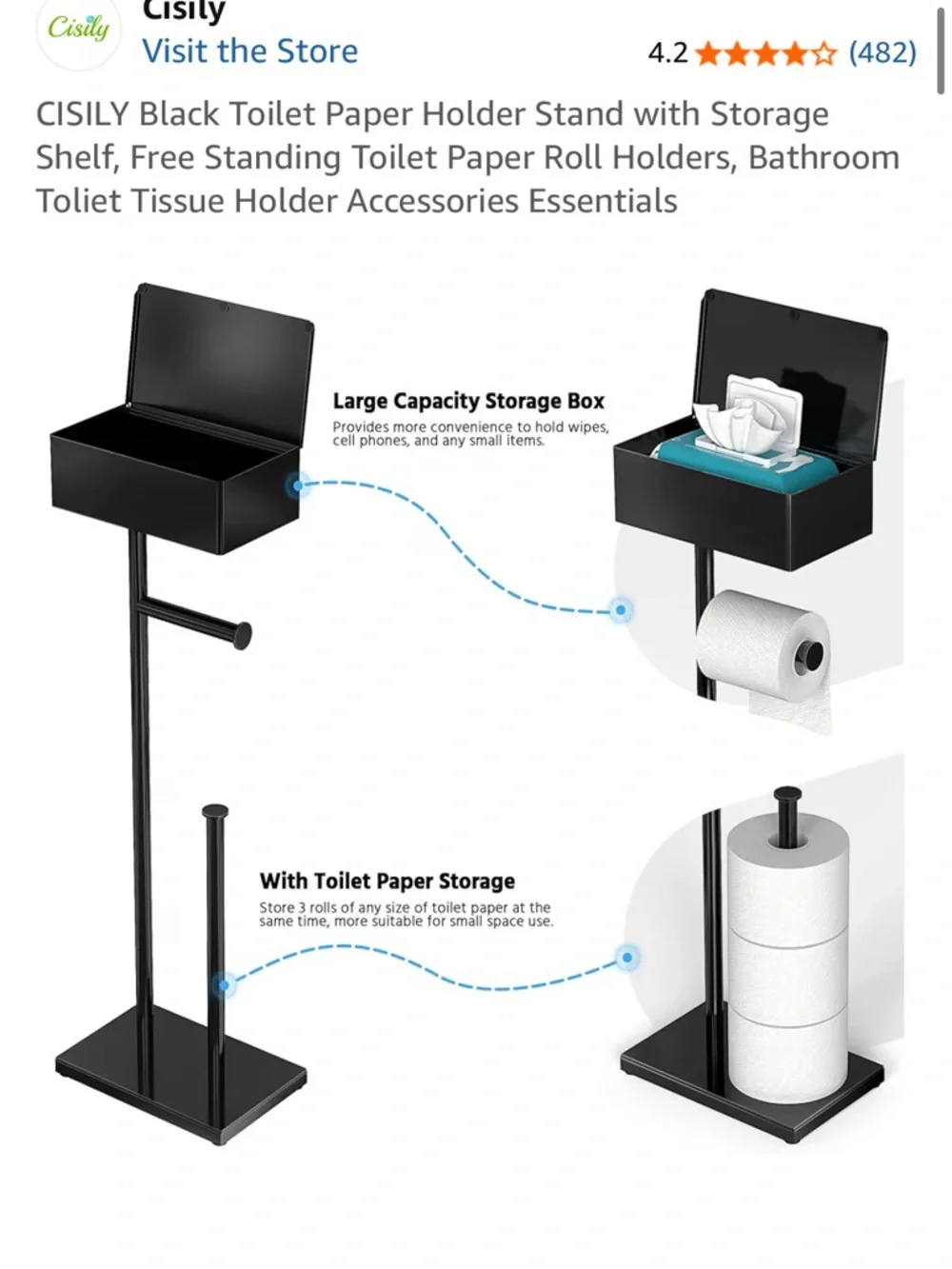 NWOT - Toilet Paper Stand AMAZON Black Free-Standing with Top Storage Box - Picture 3 of 5